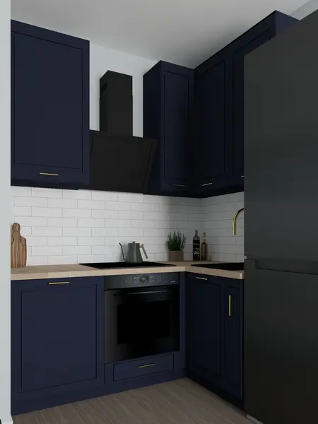 Kuchnia w stylu dopamine decor z granatowymi meblami i białymi kafelkami, nowoczesny design.