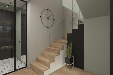 Korytarz w stylu minimalistycznym z drewnianymi schodami, czarnym zegarem i rośliną.