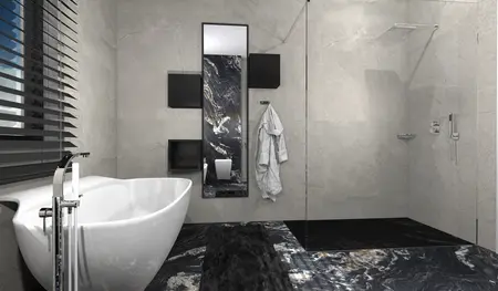 Nowoczesna łazienka z białą wanną, czarnymi dodatkami, styl dopamina decor, industrialny, japandi, minimalistyczny.