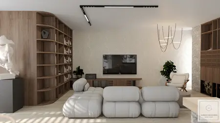 Stylowy salon z dużą, wygodną sofą, drewnianymi półkami na książki, dekoracyjnym oświetleniem sufitowym, telewizorem na ścianie oraz roślinami