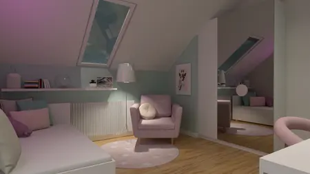 Wnętrze poddasza z różowym fotelem, drewnianą podłogą, w stylu art deco, boho i nowoczesnym.
