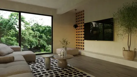 Wnętrze salonu w stylu boho i japandi z beżową sofą i dużymi oknami