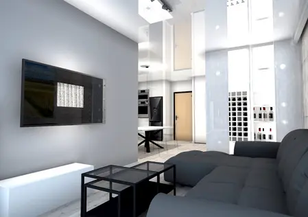 Wnętrze salonu w stylu industrialnym i minimalistycznym z szarymi meblami.