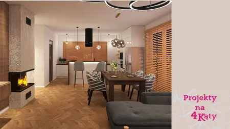 Eklektyczne wnętrze jadalni z nowoczesnym wystrojem, minimalistyczne meble.