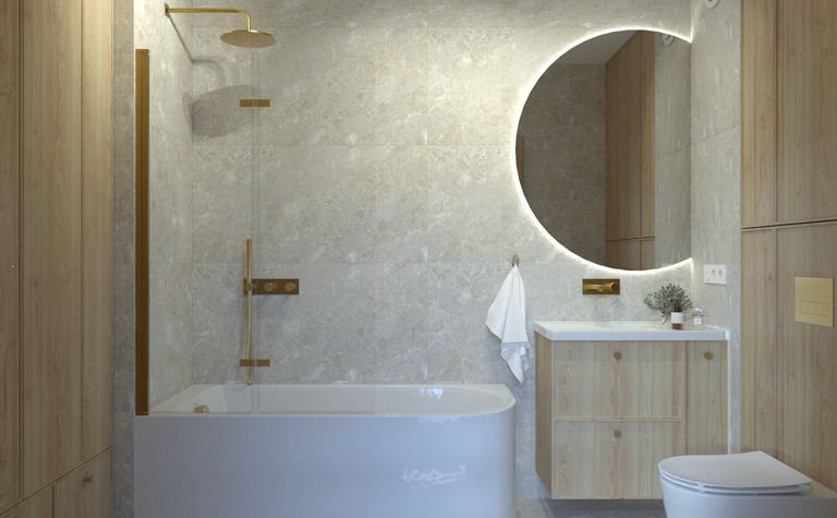 Nowoczesna łazienka w stylu boho z wanną i drewnem