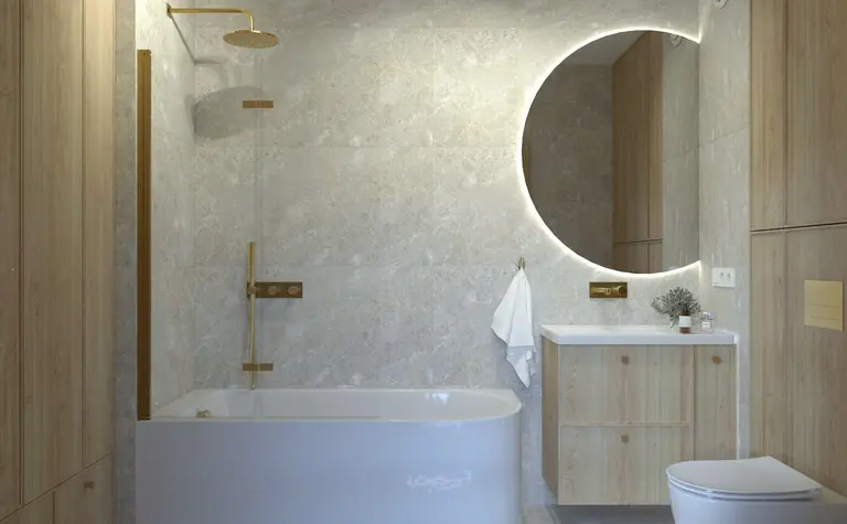 Nowoczesna łazienka w stylu boho z wanną i drewnem