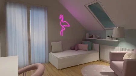 Wnętrze poddasza z różowymi akcentami, art deco, boho, nowoczesny, dopamina decor.