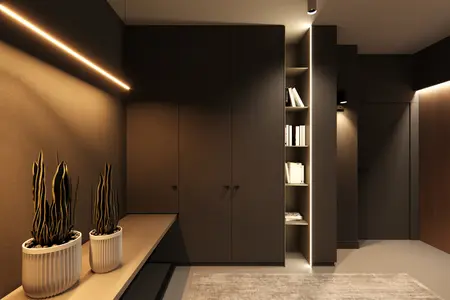 Eklektyczne, minimalistyczne wnętrze z roślinami i drewnianymi akcentami.
