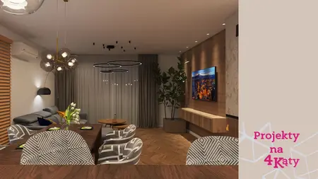 Wnętrze salonu w stylu eklektycznym z minimalistycznymi akcentami, nowoczesne oświetlenie.