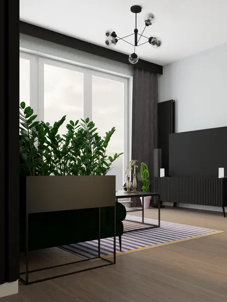 Wnętrze salonu w stylu dopamine decor z roślinami i nowoczesnym oświetleniem.