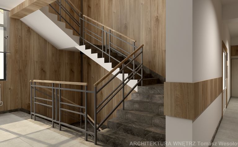 Klatka schodowa z drewnianymi panelami i metalowymi balustradami, współczesny design.