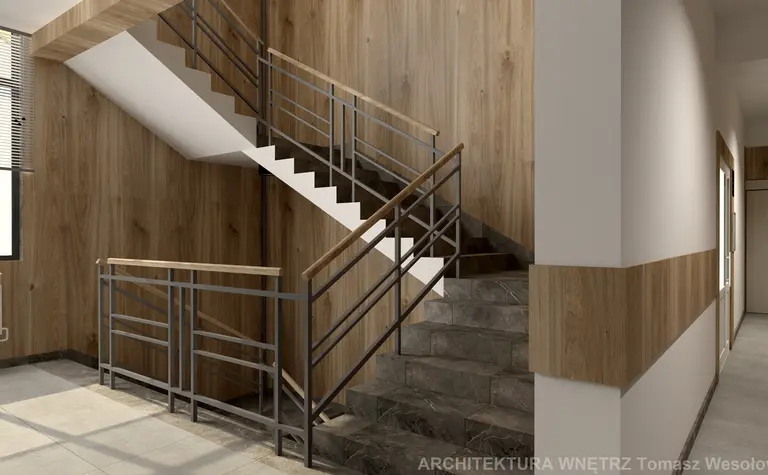 Klatka schodowa z drewnianymi panelami i metalowymi balustradami, współczesny design.