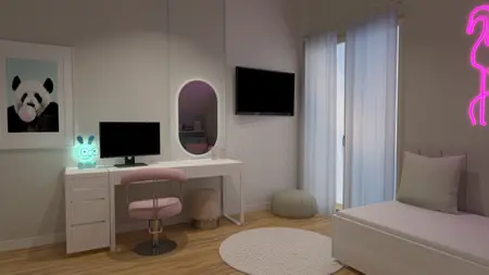 Pokój dziecięcy z elementami art deco, boho i japandi, białe meble, różowe detale.