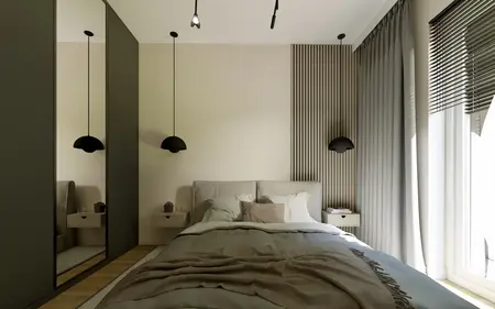 Wnętrze sypialni w stylu boho i japandi z minimalistycznym wystrojem.