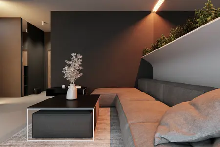 Wnętrze salonu w stylu eklektycznym, minimalistycznym i soft minimalizm z szarymi ścianami.