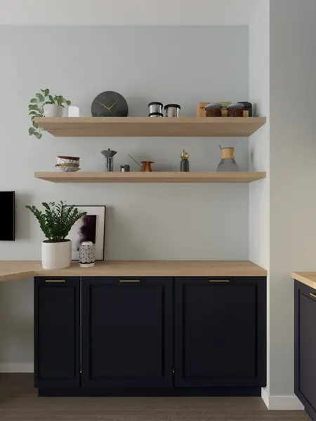 Wnętrze kuchni z ciemnymi meblami, drewnianym blatem i dekoracjami w stylu dopamine decor, eklektycznym, nowoczesnym.