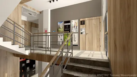 Korytarz z drewnianymi panelami i szarymi ścianami, nowoczesny design.