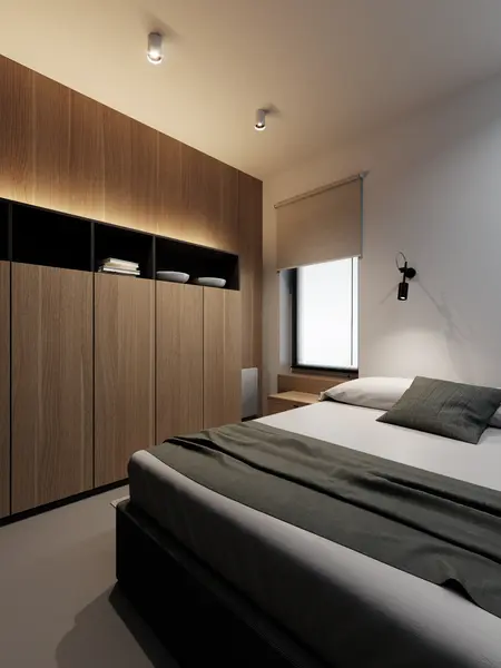 Eklektyczna sypialnia z minimalistycznym designem, soft minimalizm