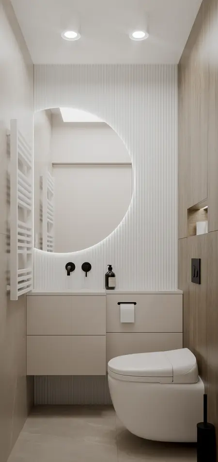 Minimalistyczna łazienka z beżową armaturą i drewnianymi detalami, soft minimalizm, współczesny
