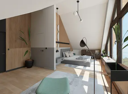 Wnętrze sypialni w stylu boho i minimalistycznym z drewnem i nowoczesnym oświetleniem.