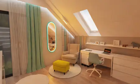 Wnętrze poddasza z biurkiem, fotelem i zielonymi zasłonami w stylach art deco, boho, japandi.