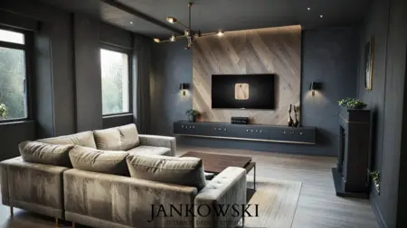 Wnętrze salonu z szarymi ścianami, jasną sofą, industrialnymi akcentami oraz drewnianymi detalami.