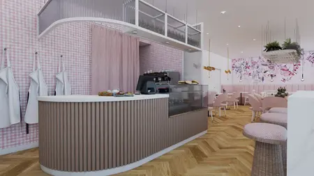 Wnętrze kawiarni z różowymi akcentami i drewnianym blatem, styl dopamine decor.