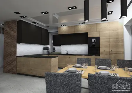 Wnętrze kuchni w stylu industrialnym z drewnianymi akcentami, minimalistycznymi meblami i nowoczesnym wyposażeniem.