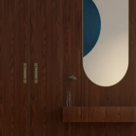 Dopamine decor z drewnianymi elementami i lustrzanym akcentem w minimalistycznym stylu.