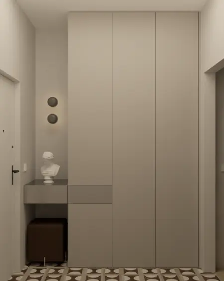 Przedpokój w stylu minimalistycznym z szafą, rzeźbą i podłogą.