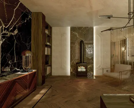 Wnętrze salonu w stylu art deco z kominkiem i drewnianą podłogą