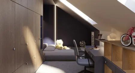 Poddasze z minimalistycznym biurkiem oraz dekoracją w stylu industrialnym i nowoczesnym.