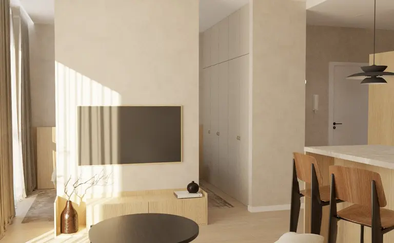 Minimalistyczne wnętrze z telewizorem i drewnianymi akcentami w stylu japandi.