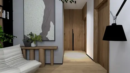 Nowoczesny przedpokój z drewnianymi elementami, roślinami i minimalistycznym oświetleniem.