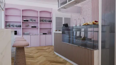 Wnętrze kawiarni z różowymi ścianami, drewnianym blatem i wypiekami, styl dopamine decor.