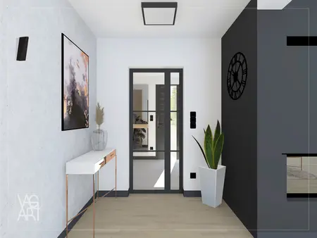 Przedpokój w stylu industrialnym z białą konsolą i rośliną