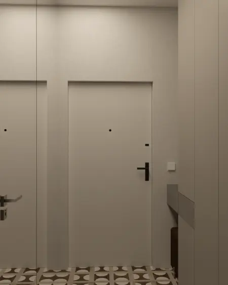 Przedpokój minimalistyczny z jasnymi ścianami i wzorzystą podłogą