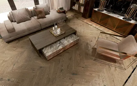 Wnętrze salonu w stylu art deco i glamour z beżową sofą oraz drewnianym stolikiem.