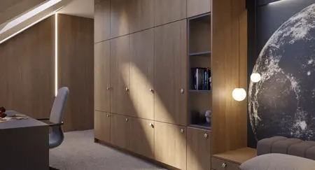 Wnętrze gabinetu w stylu industrialnym, minimalistycznym i nowoczesnym, z drewnianymi meblami.