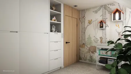 Wnętrze pokoju dziecięcego z białymi meblami i drewnianą tapetą w nowoczesnym stylu.