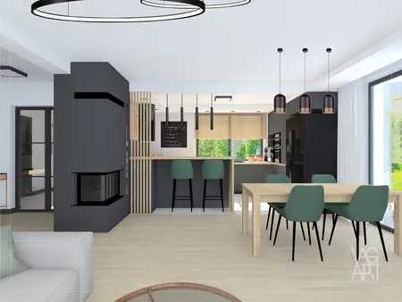 Wnętrze kuchni w stylu industrialnym z czarnymi elementami, drewnianym stołem i zielonymi krzesłami.