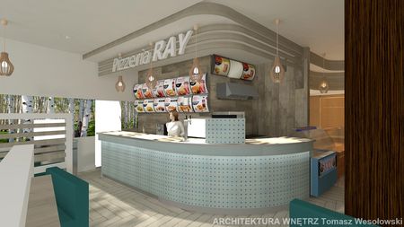 Wnętrze pizzerii z drewnianym barkiem i menu, nowoczesny design.