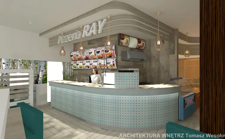 Wnętrze pizzerii z drewnianym barkiem i menu, nowoczesny design.