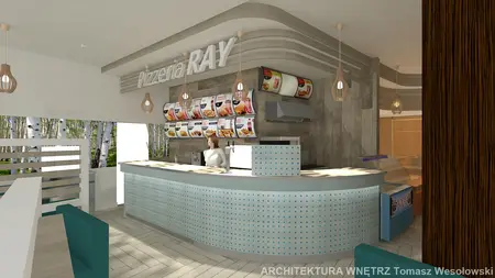 Wnętrze pizzerii z drewnianym barkiem i menu, nowoczesny design.