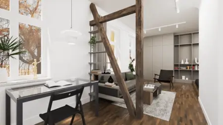 Wnętrze biura z industrialnym i vintage stylem, drewniane akcenty, jasne kolory.