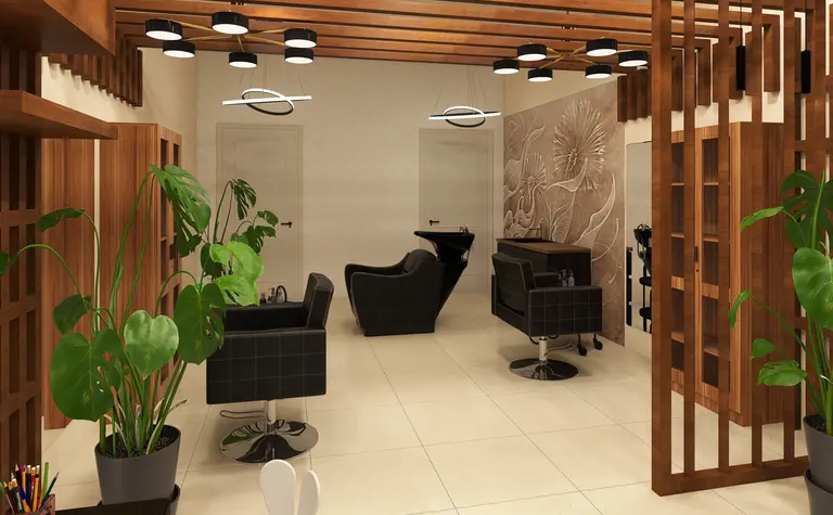 Eklektyczne wnętrze salonu z industrialnym oświetleniem i roślinami.
