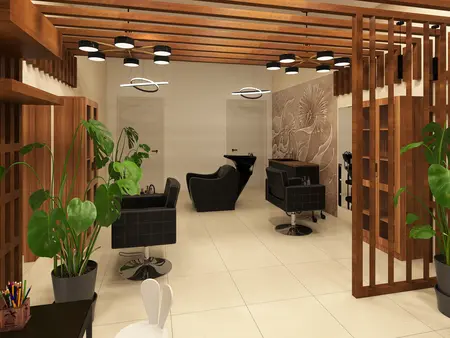 Eklektyczne wnętrze salonu z industrialnym oświetleniem i roślinami.
