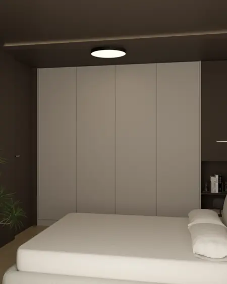 Sypialnia z minimalistycznym designem, brązowe ściany, nowoczesne meble.