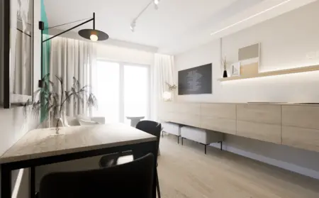 Wnętrze salonu z minimalistycznym wystrojem, jasne meble i drewniane akcenty.