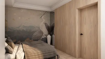Wnętrze sypialni z drewnianą ścianą, obrazkiem i nowoczesnymi detalami.